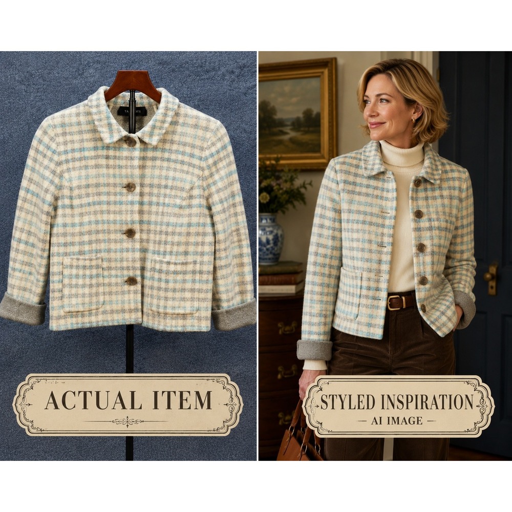 Talbots Plaid Wool Blend Jacket Womens Classic Button Down Blue Tan 14 Excellent